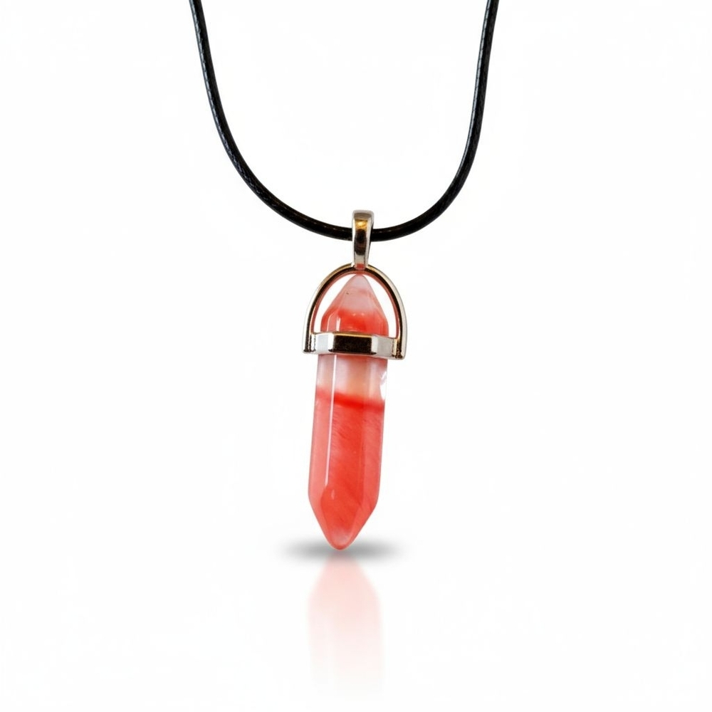 NWT Beautiful Boho Red Watermelon Quartz Bullet Crystal Pendant Leather Cord!